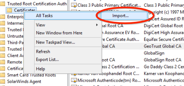 windows Trusted Root Certificates All Tasks Import...